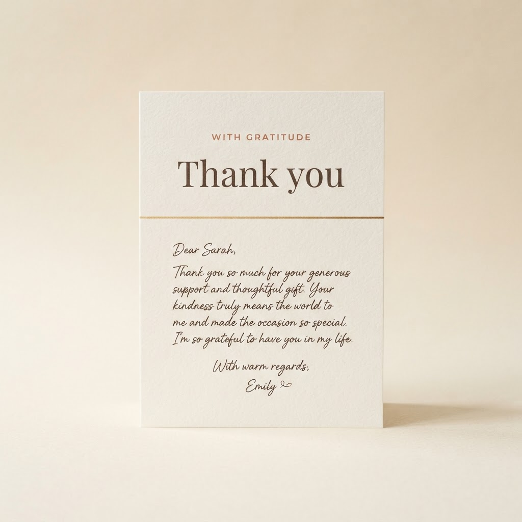 A printed thank-you card reading 'With gratitude — Thank you' above a warm handwritten note